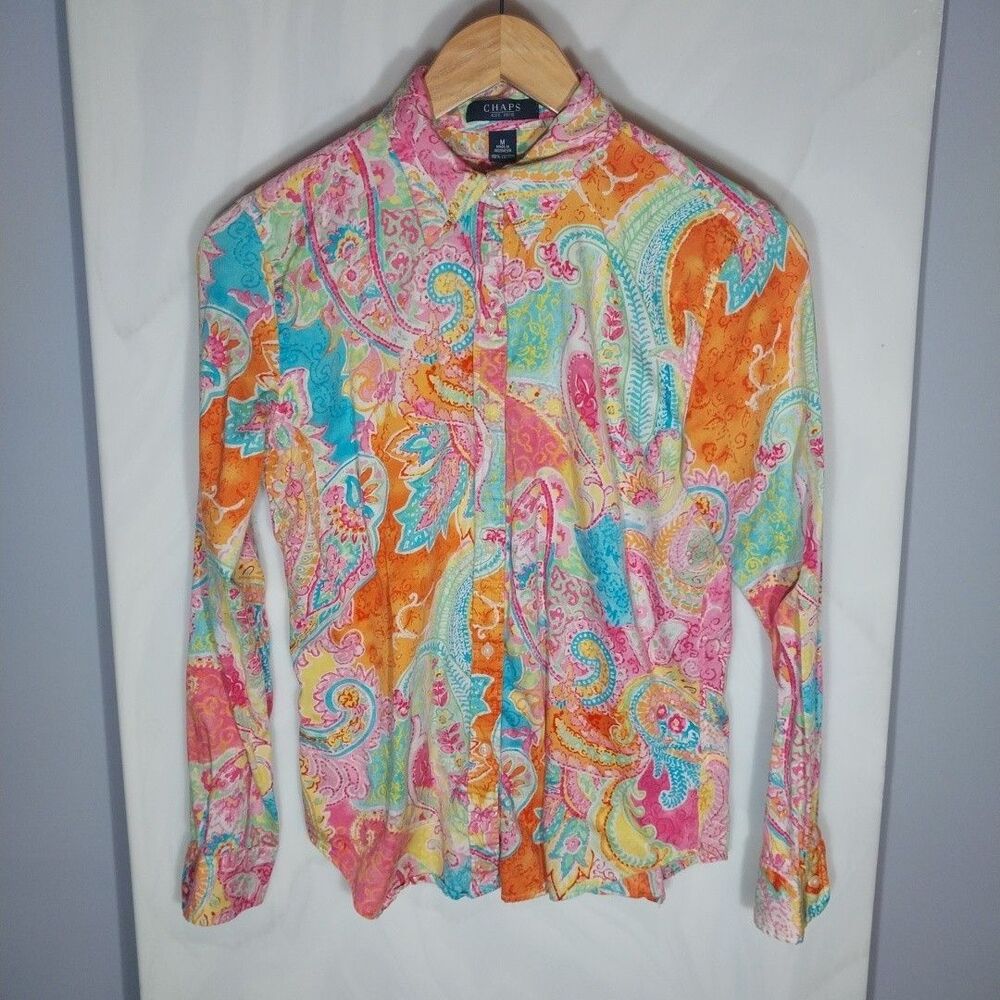 Chaps Womens M Colorful Paisley Button Up Shirt Coastal Resort Preppy Cotton